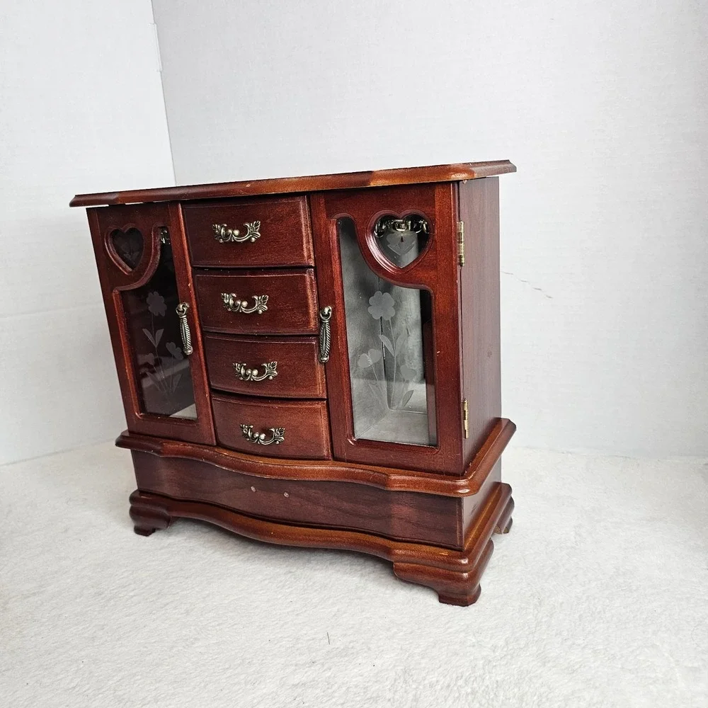 Wood Jewelry Box Chest w/ Mirror, Velvet Lined, Ring Holder, Heart, Brown